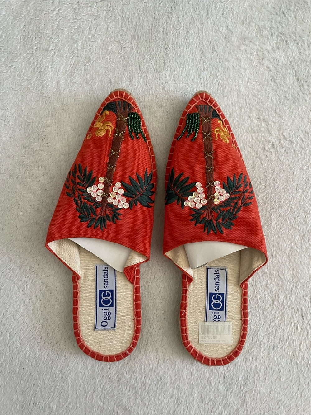 NWT Oggi Sandals Red Embroidered Slip-On Mules with Sequin Details